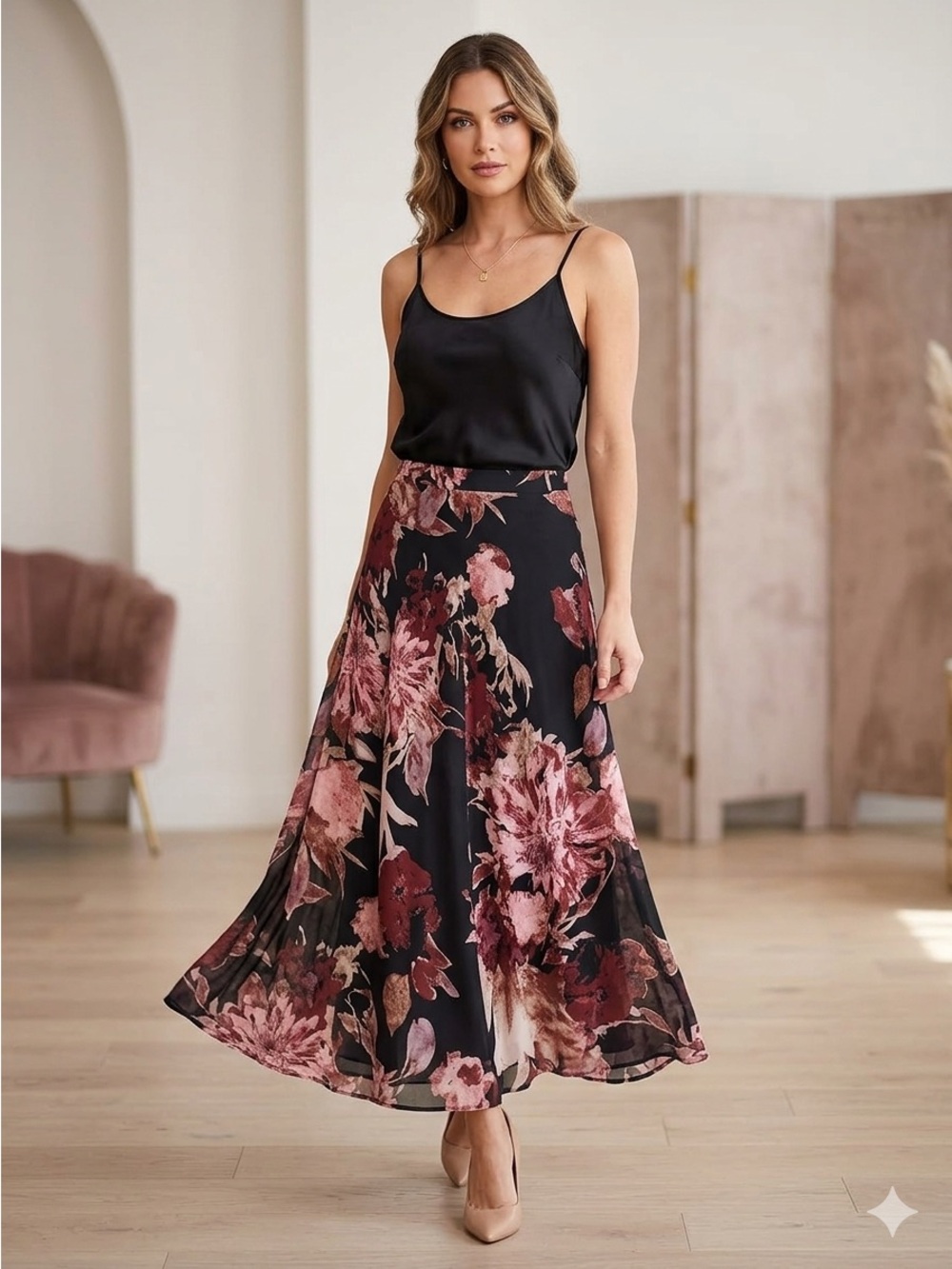 Like New!Floral Black Midi A-Line Skirt - Elegant Women's Skirt
